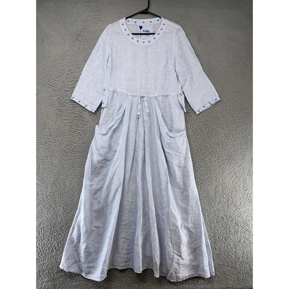 Yuvita Maxi Dress Womens Small Blue Stripe Linen Trapeze Pockets Embroidered